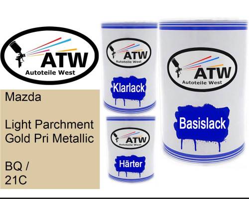 Mazda, Light Parchment Gold Pri Metallic, BQ / 21C: 500ml Lackdose + 500ml Klarlack + 250ml Härter - Set, von ATW Autoteile West.